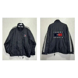 VTG TOMMY HILFIGER Mens Black Nylon Jacket Fleece Lined Medium Spellout Y2k READ